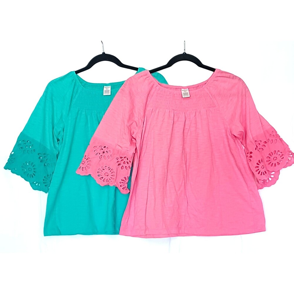 Arizona Jean Co Junior Plus 18 Smocked Top Set of 2 Pink/Green Eyelet Sleeve